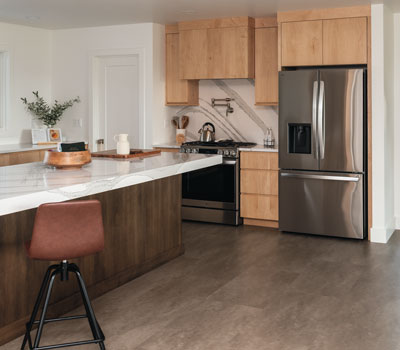 Kitchen with counter and cooking area